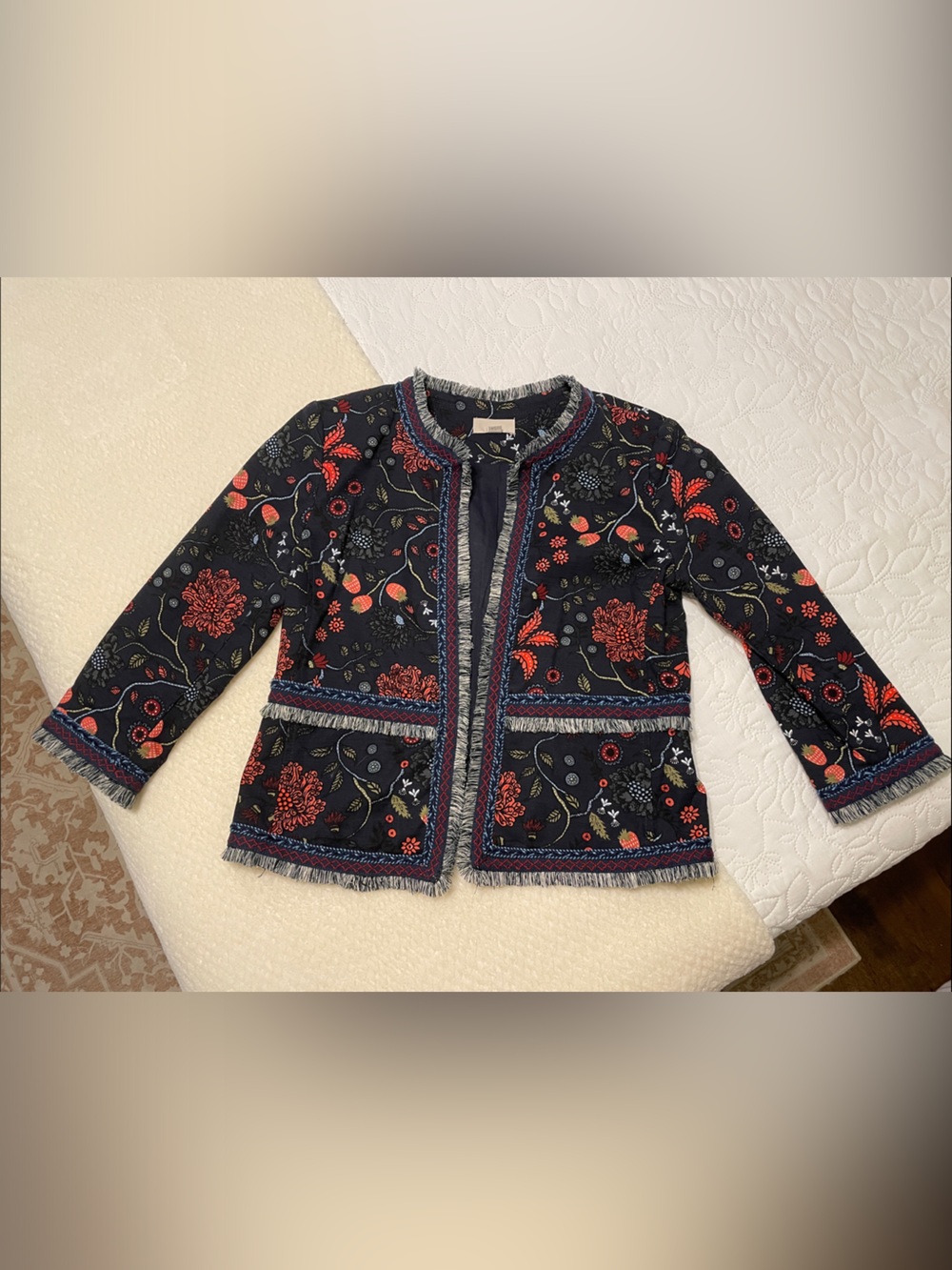 Ann Taylor LOFT Navy Floral Fringe Blazer